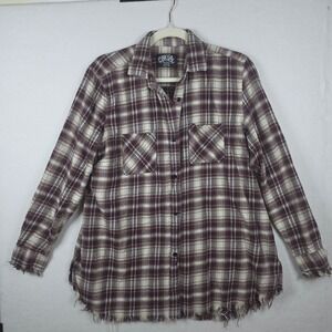 One 24 Rags Plaid Flannel Button Up‎ Top Medium Maroon Frayed Hem
